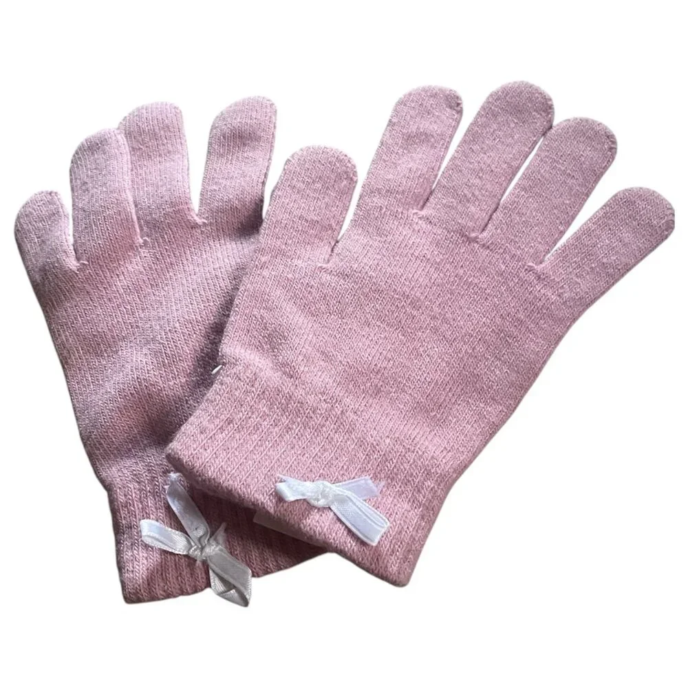 Soft Dusty Pink Knit Gloves Mittens w/White Bow Accent | One Size | Cozy Winter
